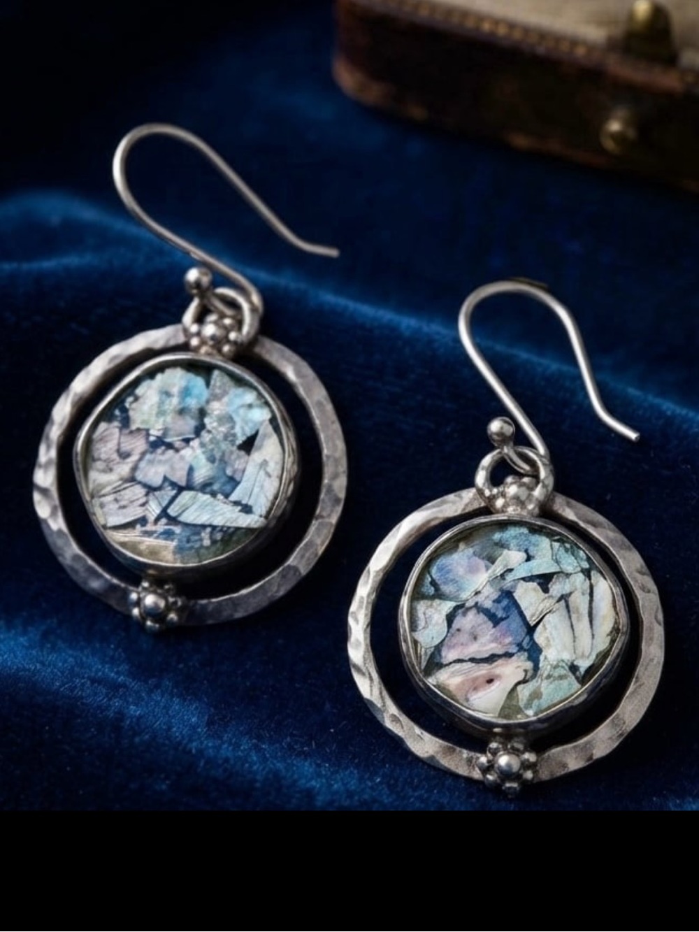Sterling Silver OR PAZ  FLOATING CIRCLE ISRAEL 925 Roman Glass Earrings